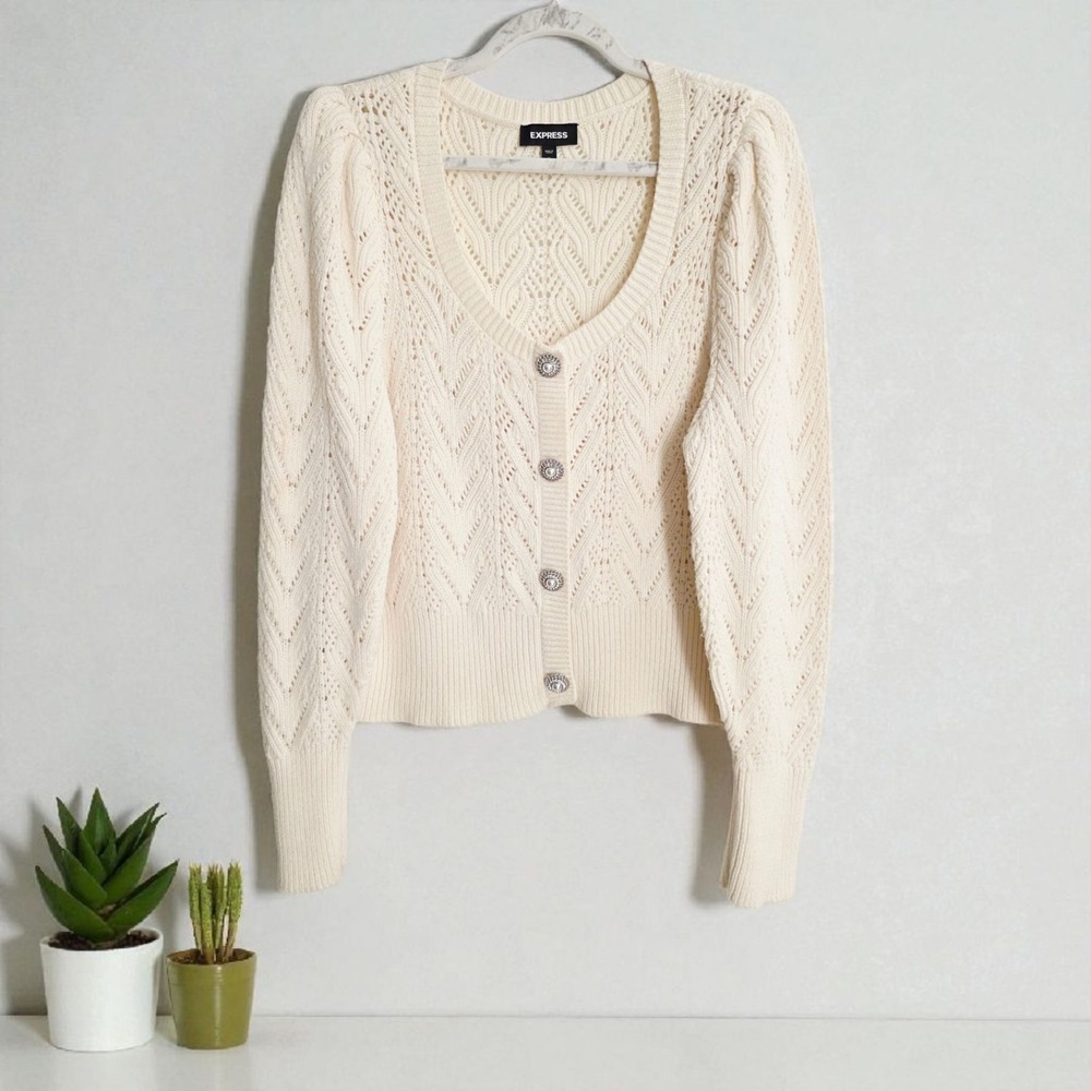 Express Cable Knit Cream Sweater Jeweled Buttons Square Neck Top XL